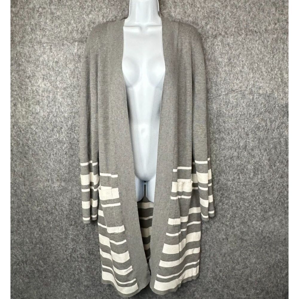 Womens Open Front Cardigan Sweater‎ Size L Grey Stripes Pockets Long Kimono